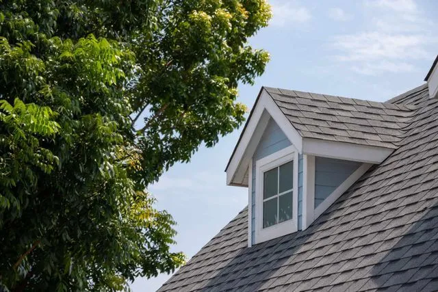 A white-trimmed dormer window sits on a gray-shingled roof beside a large, leafy green tree under a blue sky.